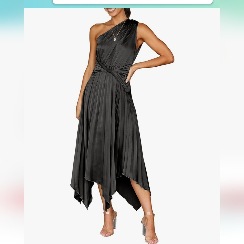Womens one shoulder silk satin midi party black dress